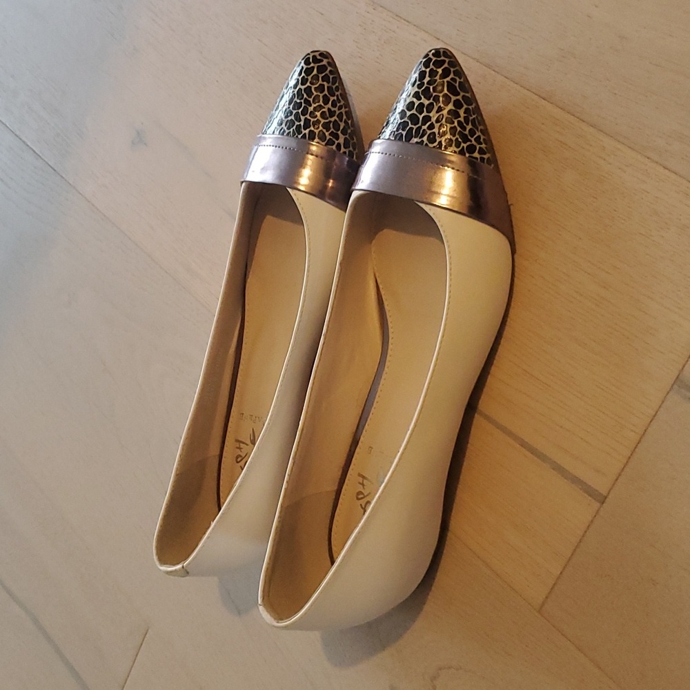 Daphne Leather flats, Cream, Bronze & Animal print sz. 6.5 to 7